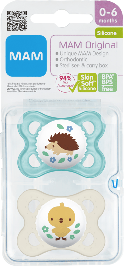 Original Napp 2-pack Silikon - 0-6 mån - MAM Blå (Igelkott/Fågel)