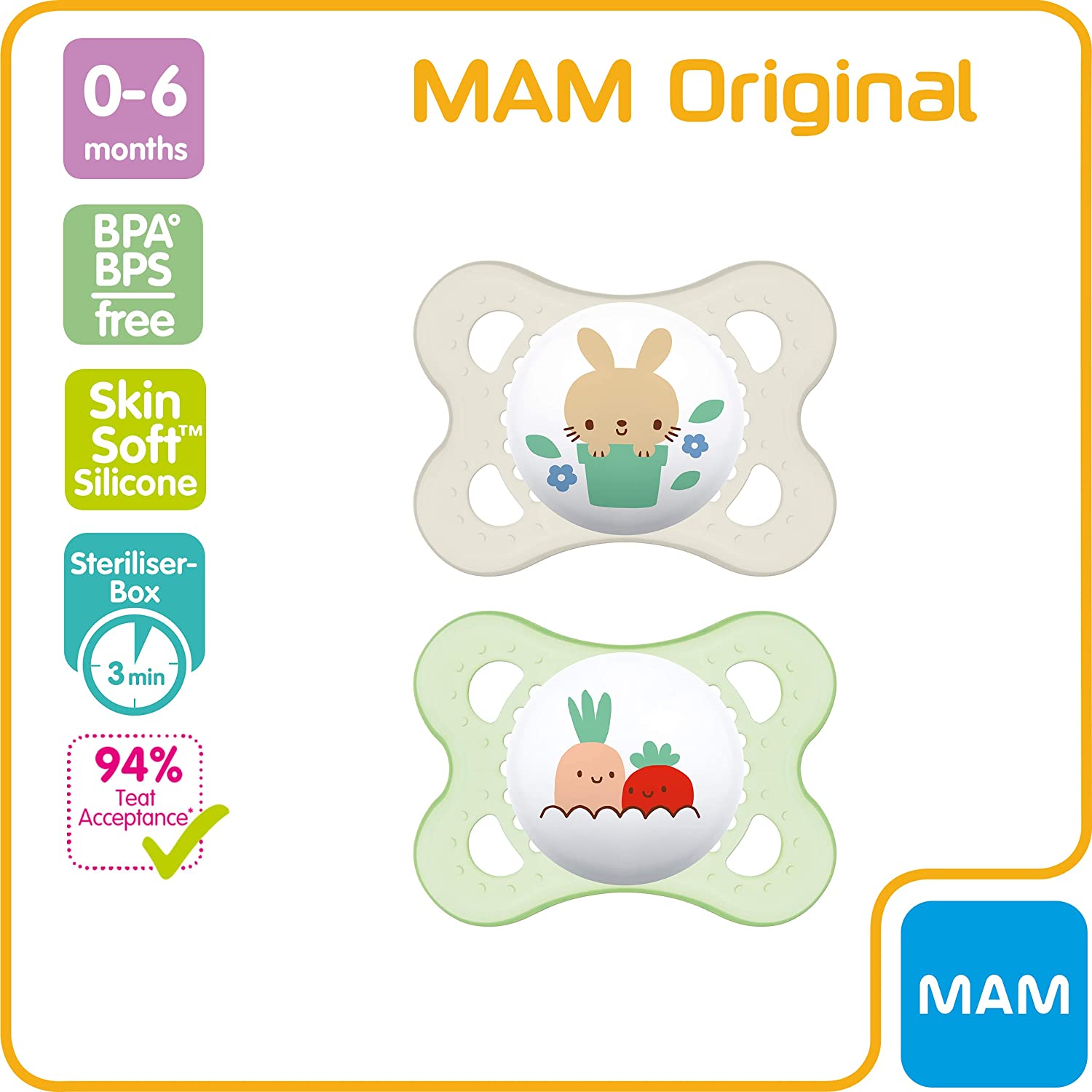 Original Napp 2-pack Silikon - 0-6 mån - MAM Neutral (Kanin/Morot)