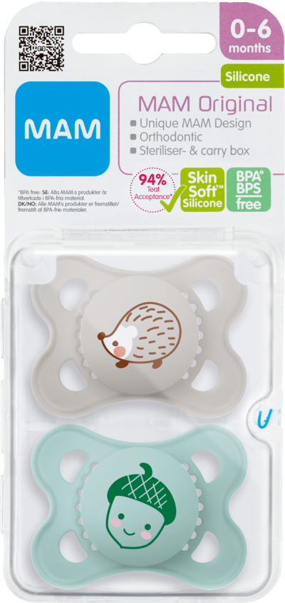 Original Napp 2-pack Silikon - 0-6 mån - MAM Grå (Igelkott/Ekollon)