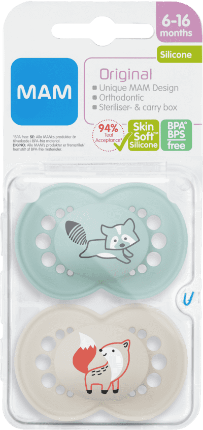 Original Napp 2-pack Silikon - 6-16 mån - MAM Blå (Tvättbjörn/Räv)