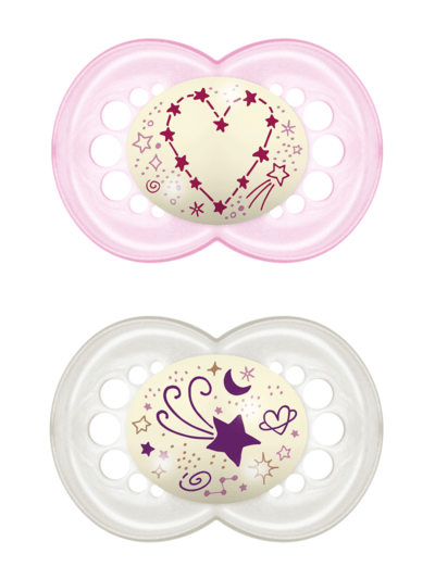 Night Napp 2-pack Silikon - 6-16 mån - MAM Rosa (Hjärta/Stjärnor)