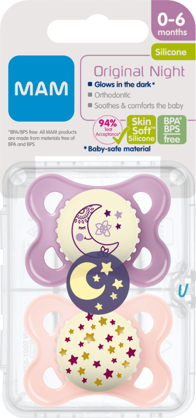 MAM Original Night Napp 2-pack - 0-6 mån Rosa (Måne/Stjärnor)