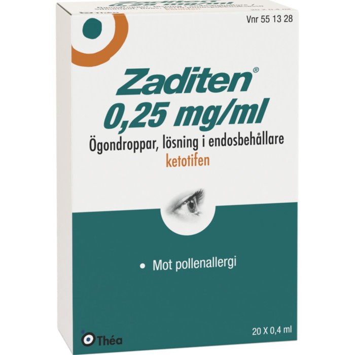 Zaditen, ögondroppar, lösning i endosbehållare 0,25 mg/ml 20 x 0,4 ml
