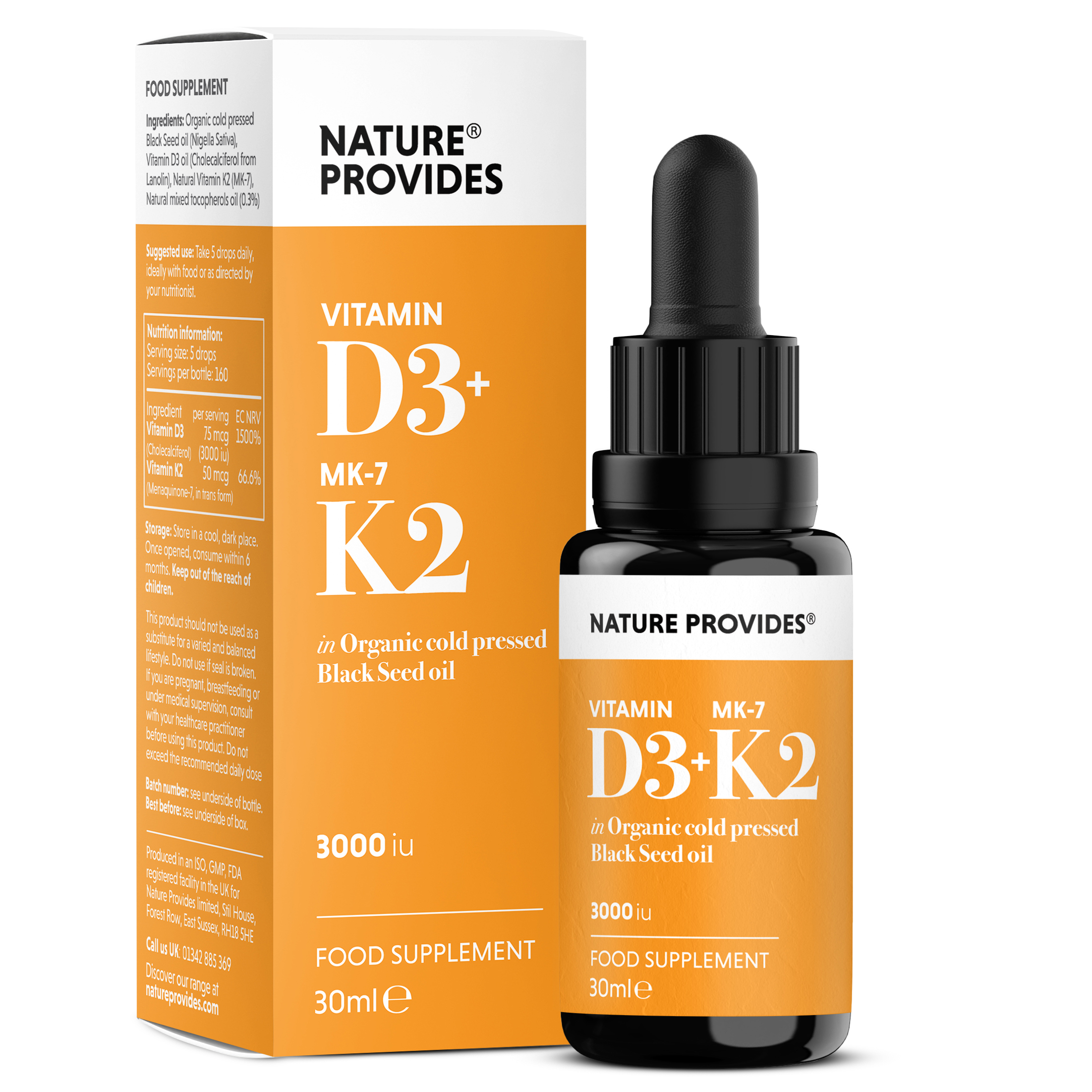 Vitamin D3+K2 in Organic Black Seed Oil 30ml - Nature Provides